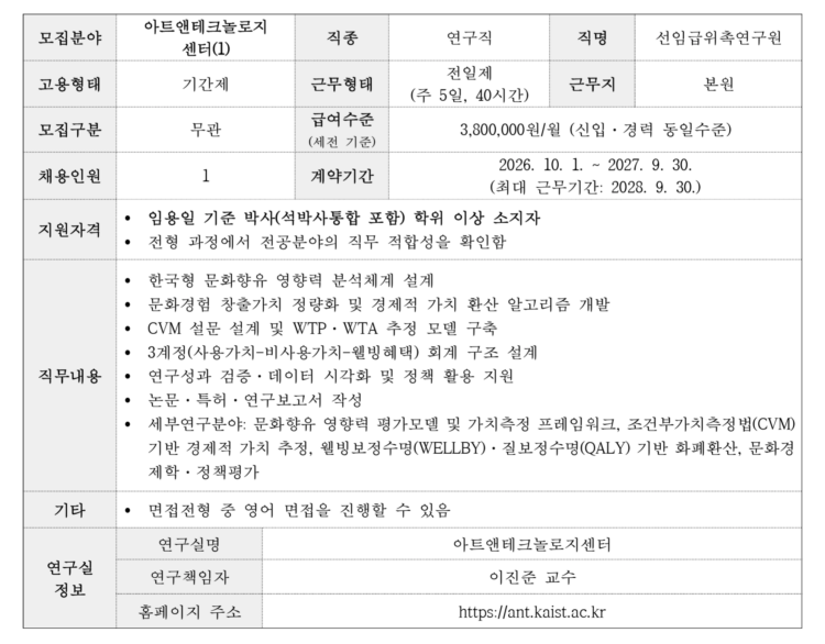 [Job Opening] 카이스트 문화기술대학원 아트앤테크놀로지 센터